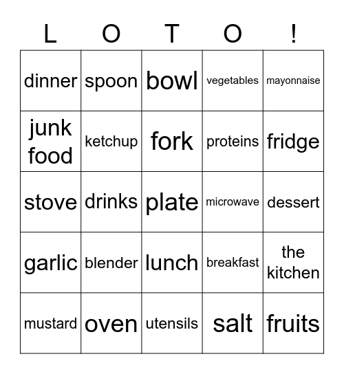 los condim, cubiertos, cocina, comidas Bingo Card