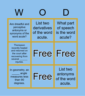 WOD Activity - Acute Bingo Card