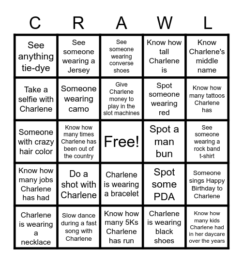 Charlene's 50th Birthday Bar Crawl BINGO Card