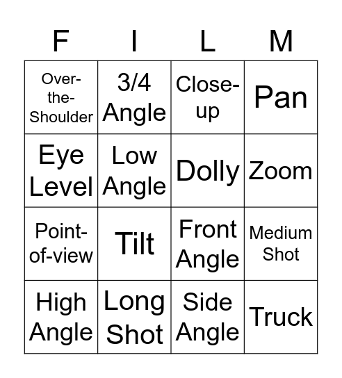 Camera Angles Bingo Card