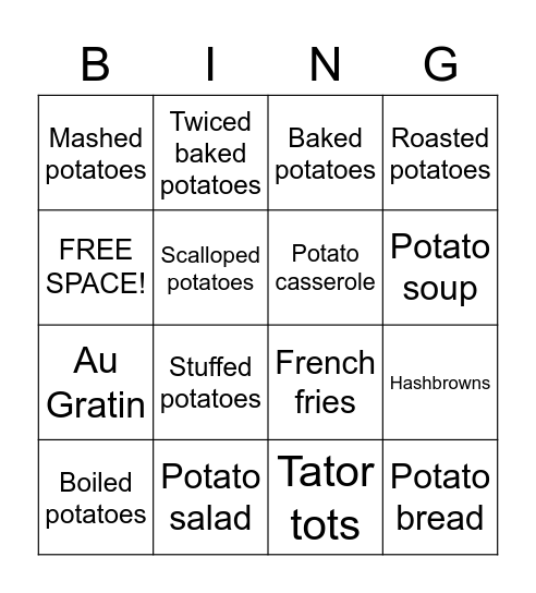 Ways to Cook Potatoes Bingo Card
