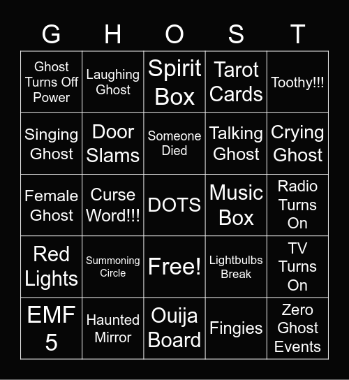 Phasmo Ghost Events Bingo Card