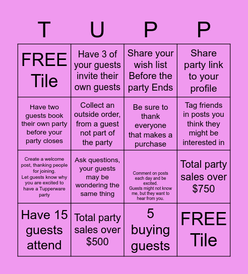 TUPPERWARE HOST BINGO Card