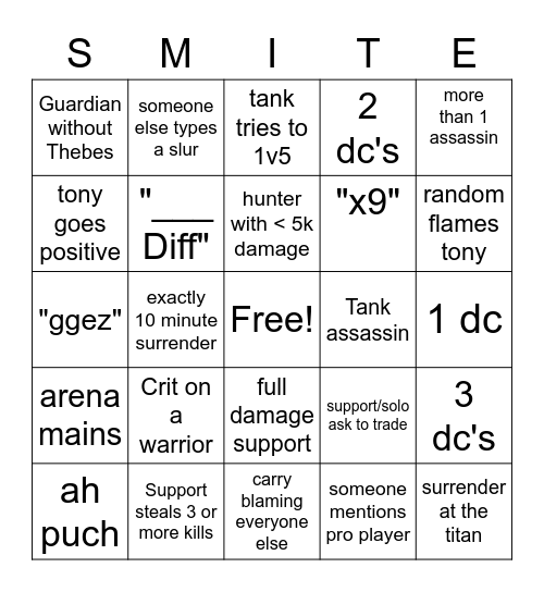 Smite Bingo Card