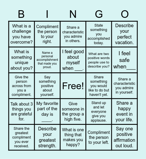 Self-Esteem BINGO Card