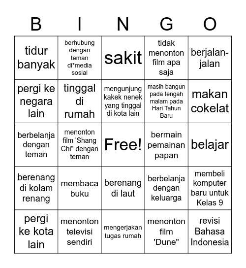 Selamat datang kembali di kelas Bahasa Indonesia! Bingo Card