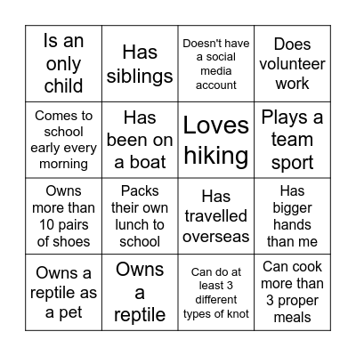 Find someone in the room Bingo Card