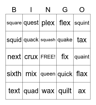 QU and X words Bingo Card