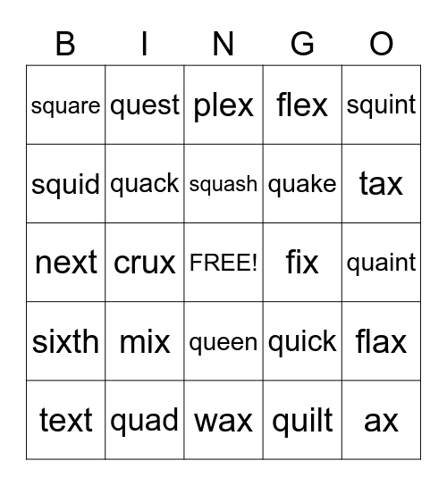 QU and X words Bingo Card