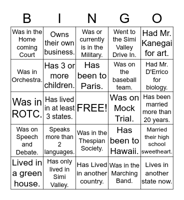 Reunion Bingo Card