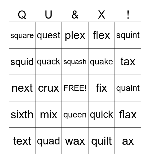 QU and X words Bingo Card