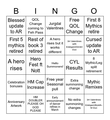 FEH Channel Bingo Card