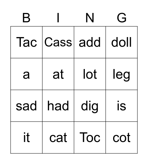 CVC and Memory Bingo Card