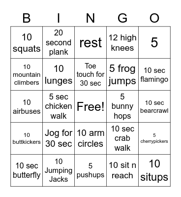Fitness Bingo Card