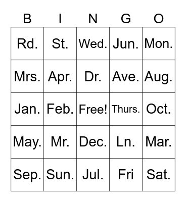 Abbreviations!! Bingo Card