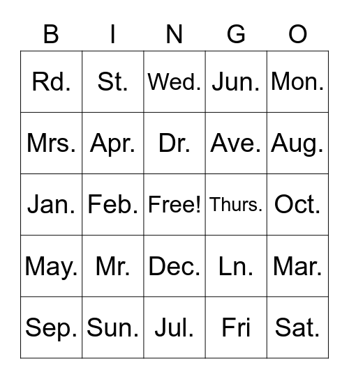 Abbreviations!! Bingo Card