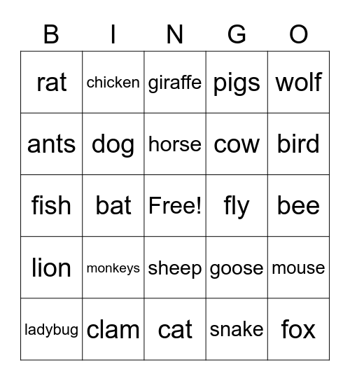 Animal Idiom Bingo Card