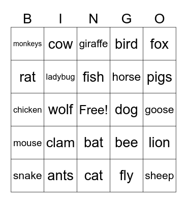 Animal Idiom Bingo Card