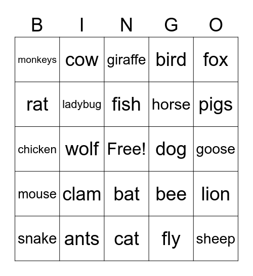 Animal Idiom Bingo Card