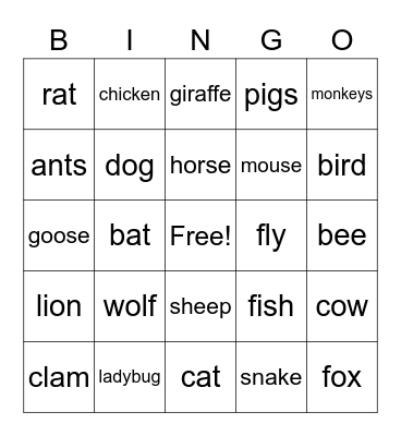 Animal Idiom Bingo Card