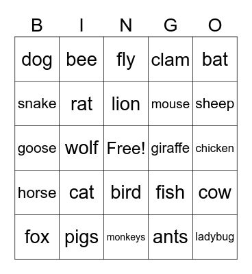 Animal Idiom Bingo Card