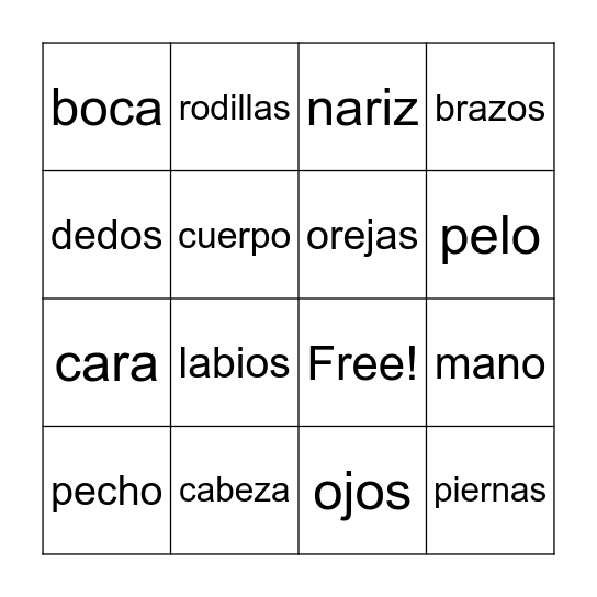 Partes del cuerpo Bingo Card