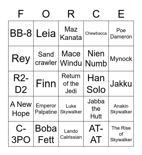 Mitch's Star Wars Bingo Card