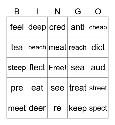 ee/ea words and morphemes Bingo Card
