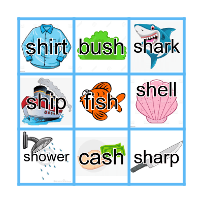 'sh' words Bingo Card