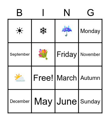 Seasons Months Bingo Card