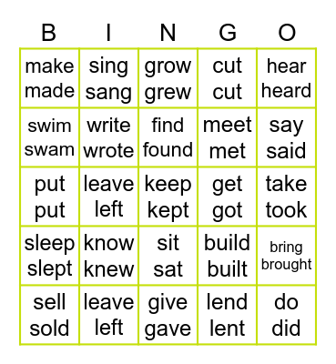 Irregular verbs Bingo Card