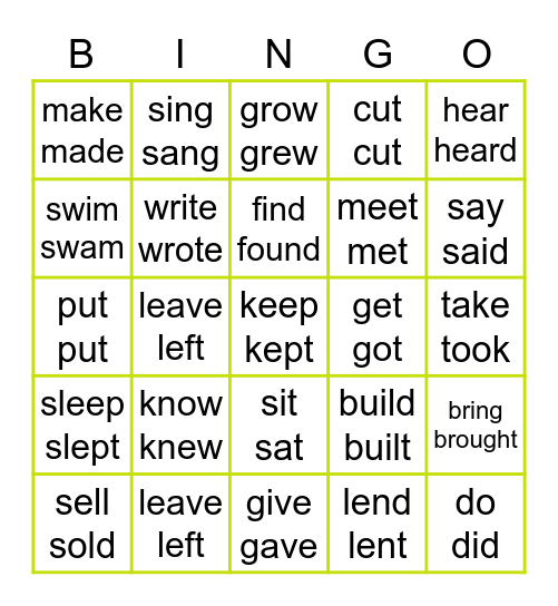 Irregular verbs Bingo Card