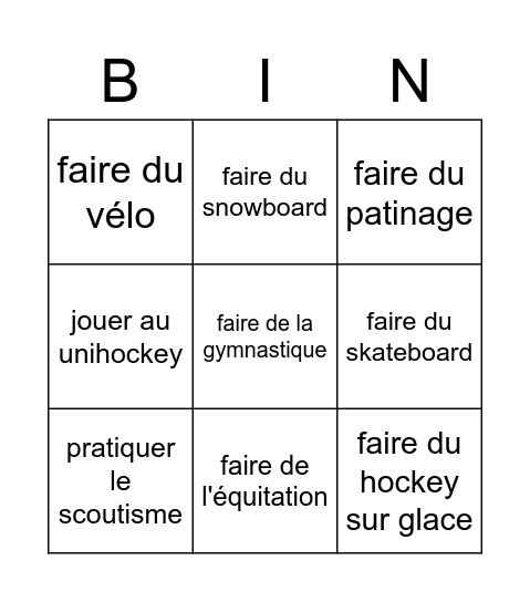 Sports & loisirs Bingo Card