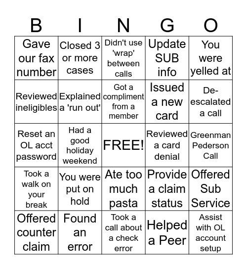 Member Services Bingo Card