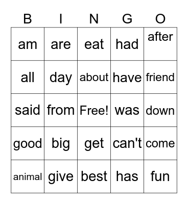 Sight Words #1 Bingo Card