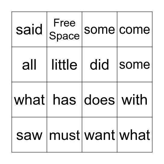 Sight Word Bingo Card