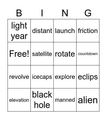 SPACE TRAVEL Bingo Card
