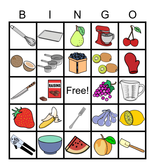 Equipment and Fruit Bingo Card