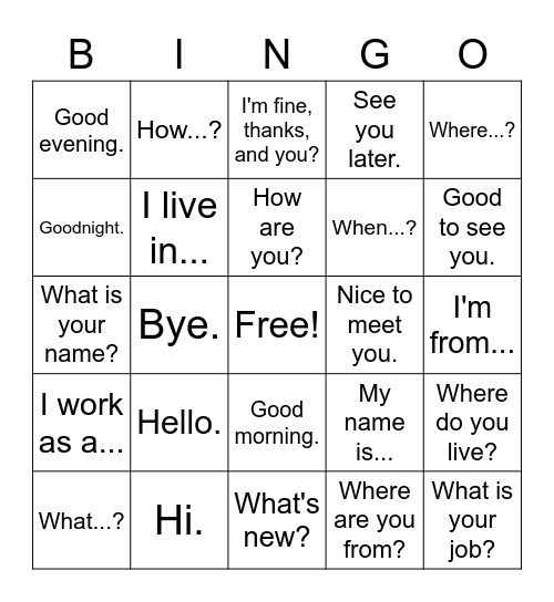 Social expressions and questions Bingo Card