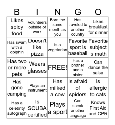 Zoo Teen Bingo Card