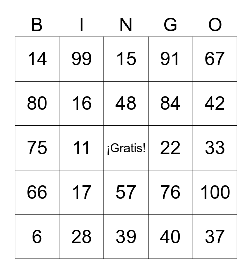 Los Números 0-100 Bingo Card