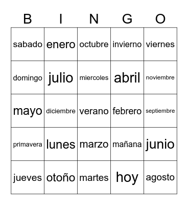 Dias Y Meses Bingo Card