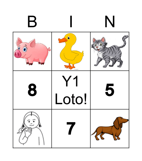 Y1 les animaux et numéros Bingo Card