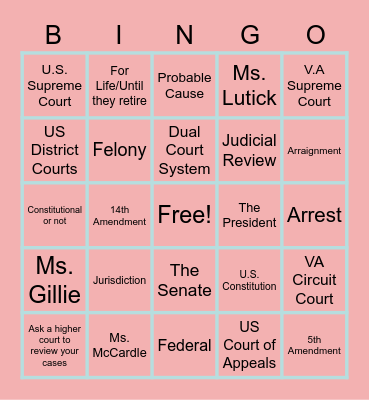 Judicial Branch Test Review Bingo Card