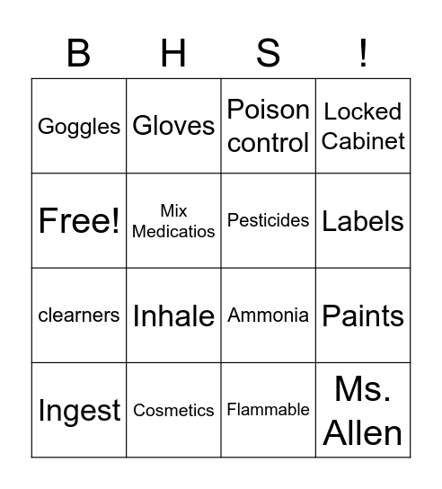 Chemical Safety Bingo Card