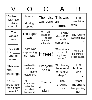 Vocabulary Practice Bingo Card