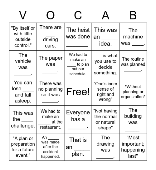 Vocabulary Practice Bingo Card