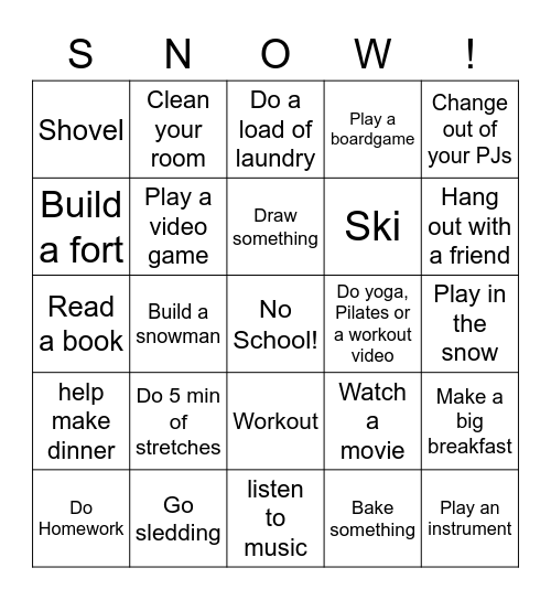 Snow Day Bingo Card
