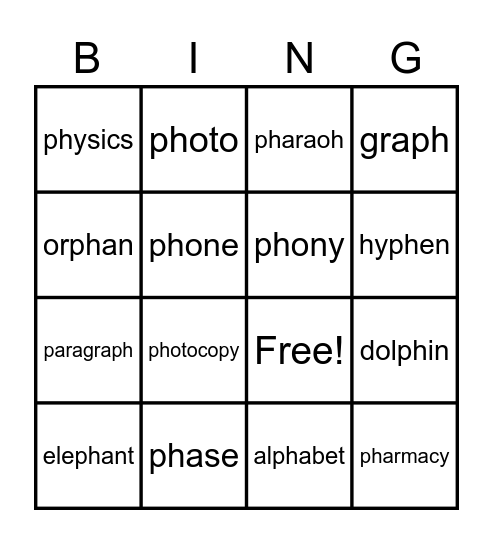 Tricky ph words Bingo Card
