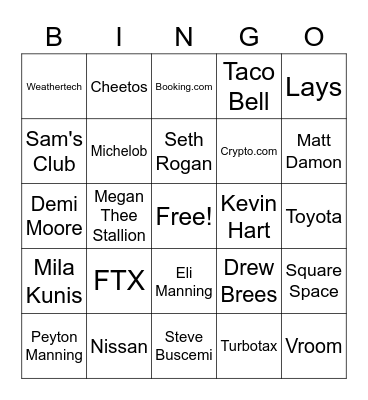 Superbowl Commercial Bingo Card